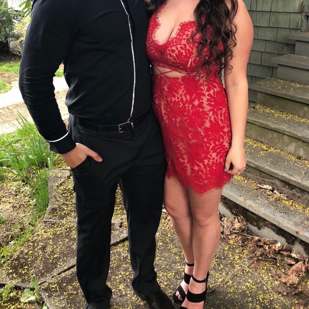 Tobi red lace mini dress